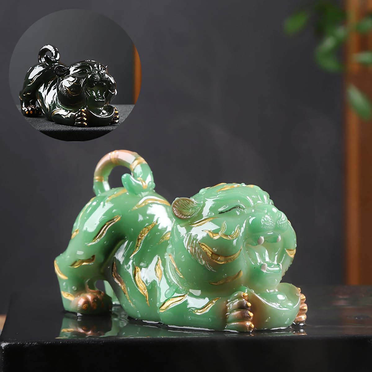 Color Changing Tea Pet Tiger Cute Resin Statue Kung Fu Tea Tray Decor Tea Lover's Gift Home Office Desk Feng Shui Ornament (Green)