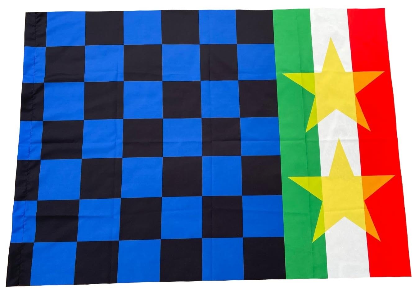 Bandierone colori nero e azzurro cm. 215 x 142 con 2 stelle e banda tricolore | Bandiera 2 stelle colore nera e azzurra grande stadio per tifoso BGS2STTRIC