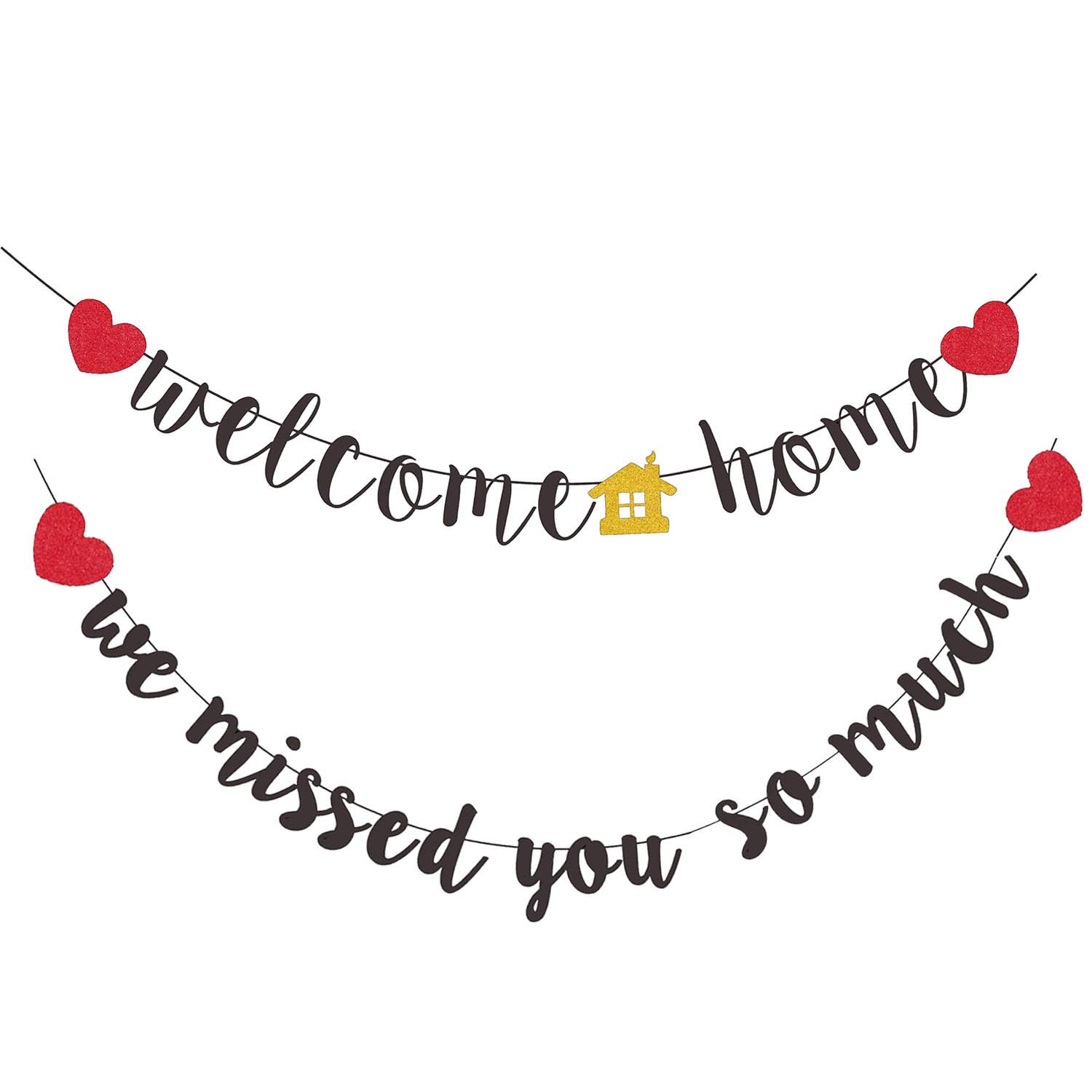 ZWYANG Welcome Home Banner and We Missed You So Much Banner Black Glitter for Homecoming, Family Theme Party, Military Return Party Decorations(Pre-Strung)