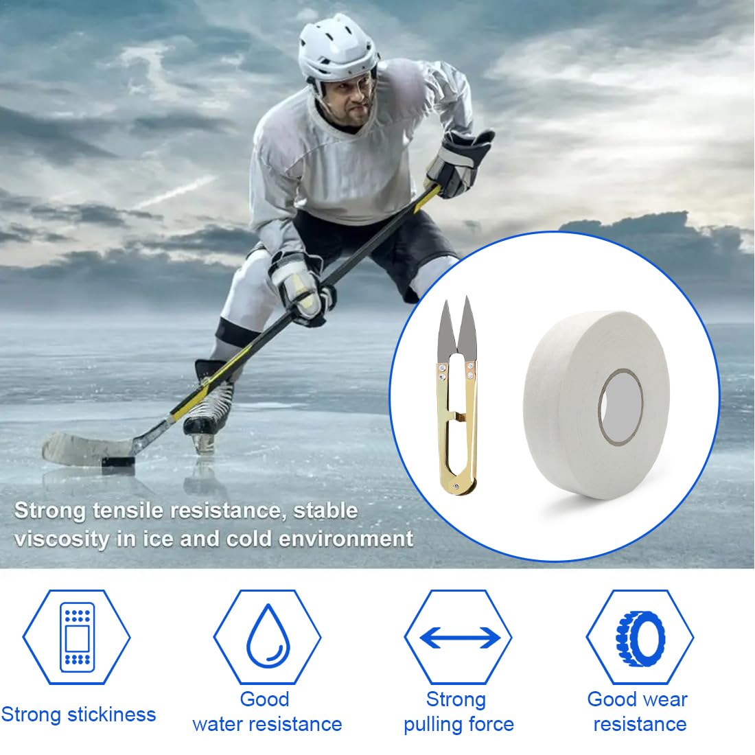 Cinta de Hockey Adhesiva para Deportes: Raqueta de Tenis, Cuerda de Esquí, Caña de Pescar - 25M*2.5cm, Incluye 1 Tijera