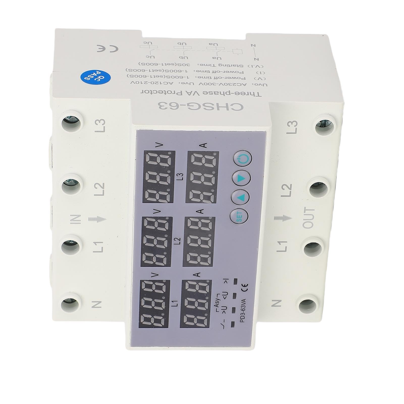 Misuratore di Potenza del Voltmetro su Guida DIN Trifase, AC 390‑500 V Amperometro Digitale Protezione da Sovracorrente da Sovratensione Automatica, Tester Elettrico Trifase Watt (63A)