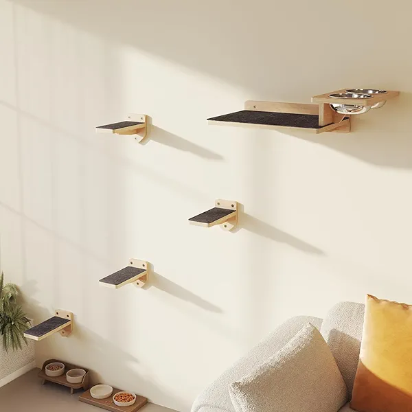 MeowHomm Cat Wall Shelves, Wood Cat Feeding Shelf with 4 Non-Slip Steps, 2 Food Bowls, Wall-Mounted Furniture for Kittens