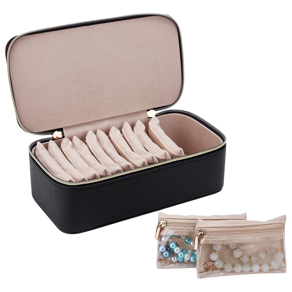 FINGERINSPIRE Joyero con bolsillos, juego de 23,5 x 11,7 x 8,4 cm, negro, organizador de joyas de viaje con 12 bolsas de terciopelo, maletín de almacenamiento de piel sintética con asa para proteger