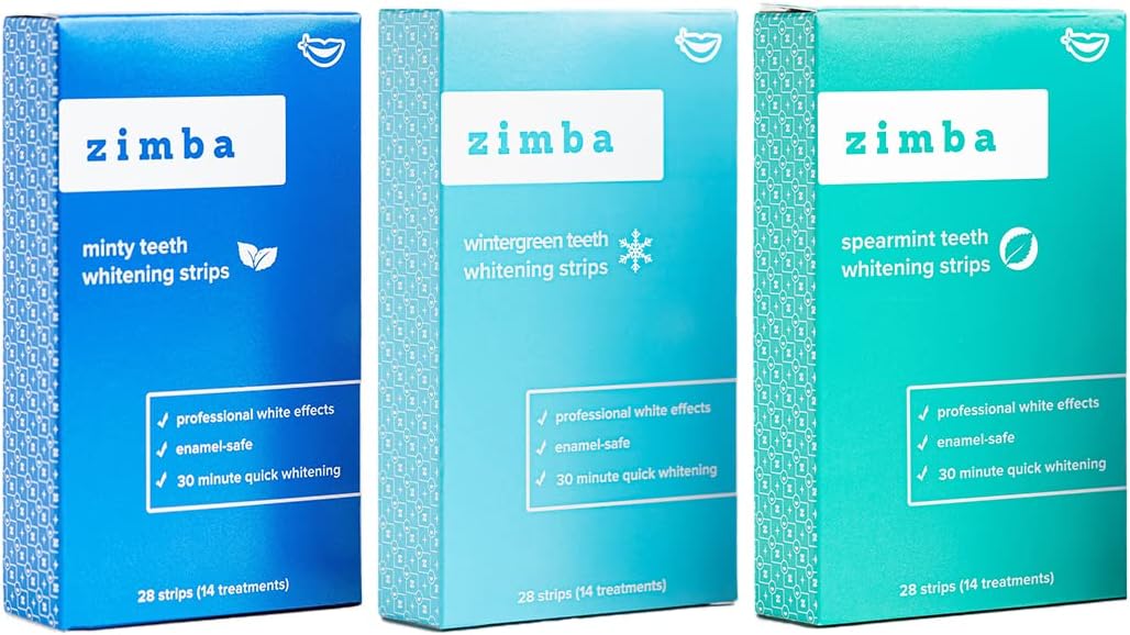 Zimba Teeth Whitening Strips - Professional-Grade Whitener, Formulated for Sensitive Teeth, Natural & Enamel-Safe Ingredients, 1x Mint + 1x Spearmint + 1x Wintergreen Pack, 84 Strips (42 Treatments) : Health & Household
