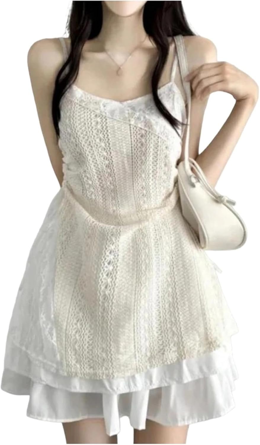 Vestido Mujer Cordón Lazo Irregular Falda A Línea Túnica Transparente Casual, Cremoso-Blanco, L