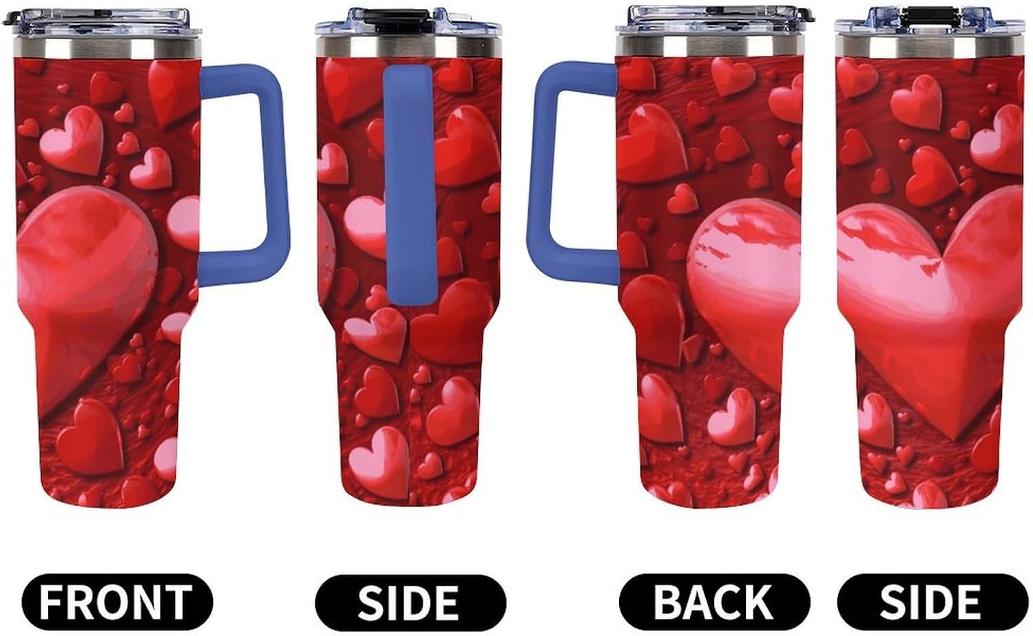 Red Hearts Love Tumbler 40 Oz with Handle&Lid Large Car Cup Stainless Steel Vacuum Travel Mug Insulated Water Bottle Leak-proof Portable Coffee Cup for Home Car Outdoor