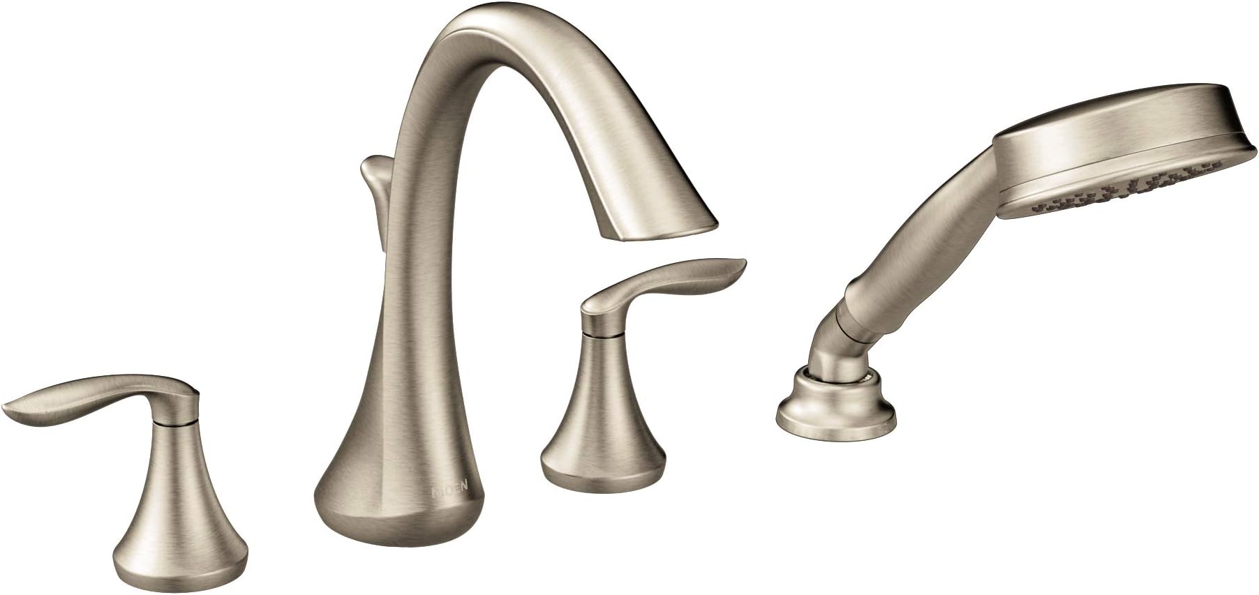 MoenEva Brushed Nickel Two-Handle Deck Mount Roman Tub Faucet Trim Kit with Single Function Handshower, Valve Required, T944BN