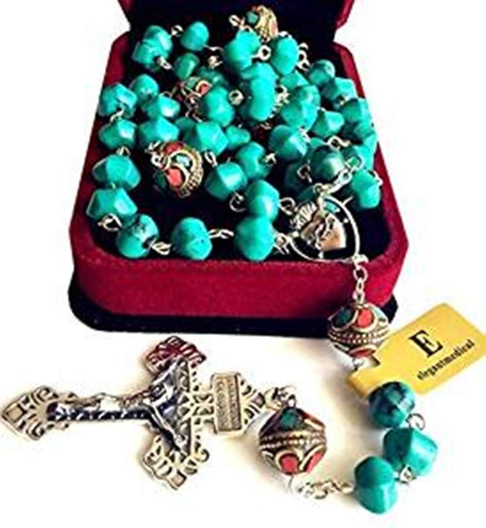 elegantmedical Turquoise TIBET COPPER BEADS STERLING 925 SILVER ROSARY NECKLACE Catholic - Image 2