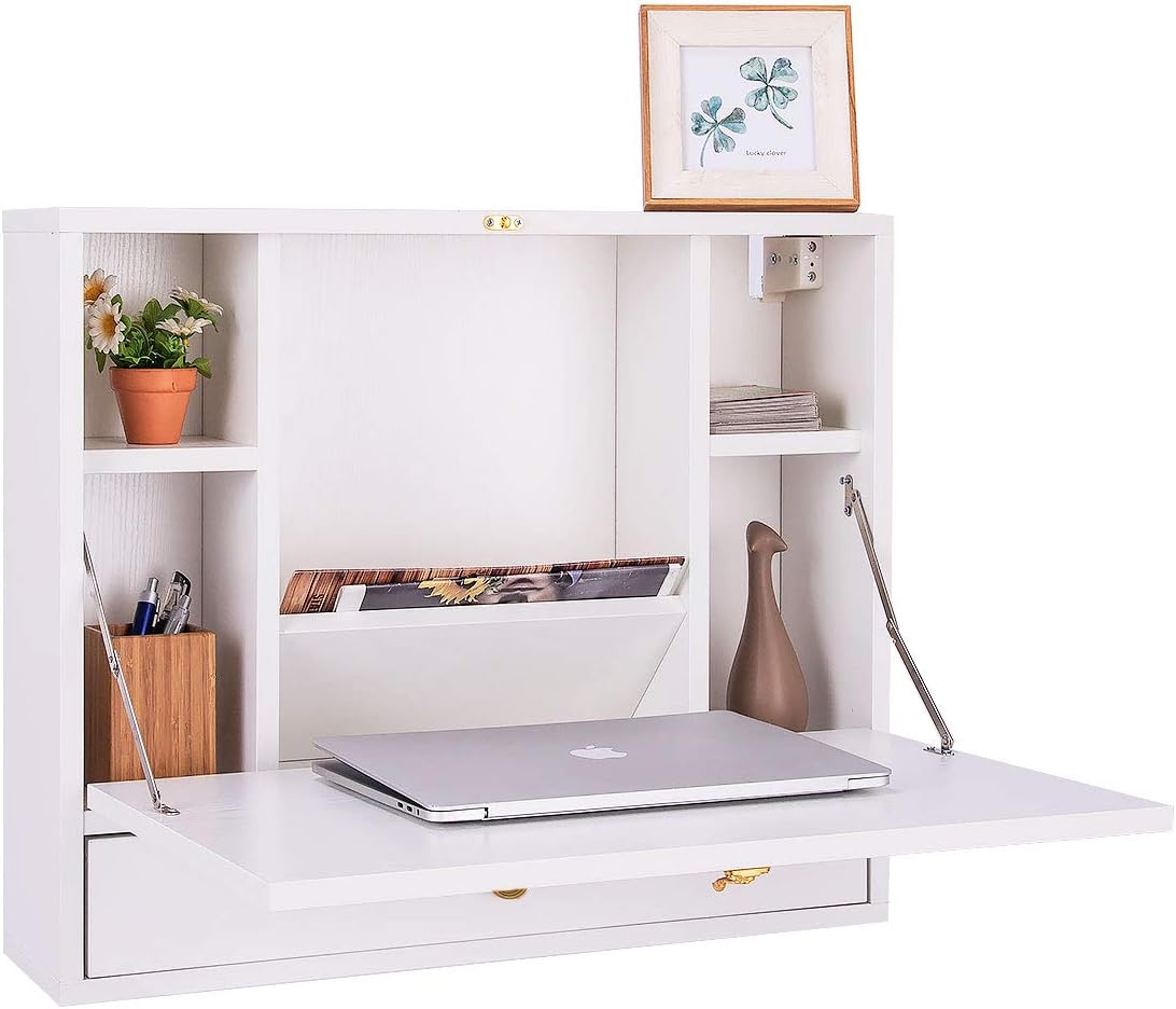 TANGZON Wall Mounted Table, Folding Drop Leaf Computer Desk with Storage Compartments and Drawer, Multifunctional Desk Workstation for Home and Office (White)