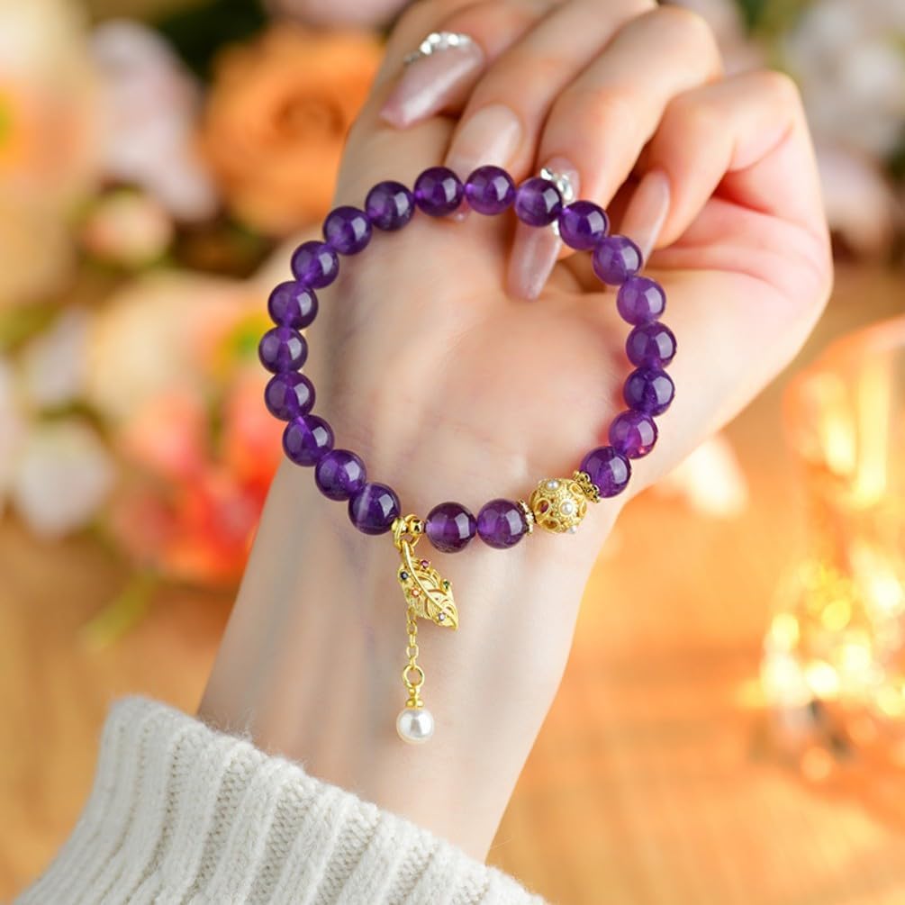 DorkTees (C587紫水晶珍珠叶子手链) 天然梦幻紫水晶珍珠叶子 Fengshui Jade Bracelet Lucky Charm 手链浪漫时尚原创手串送闺蜜礼物饰品