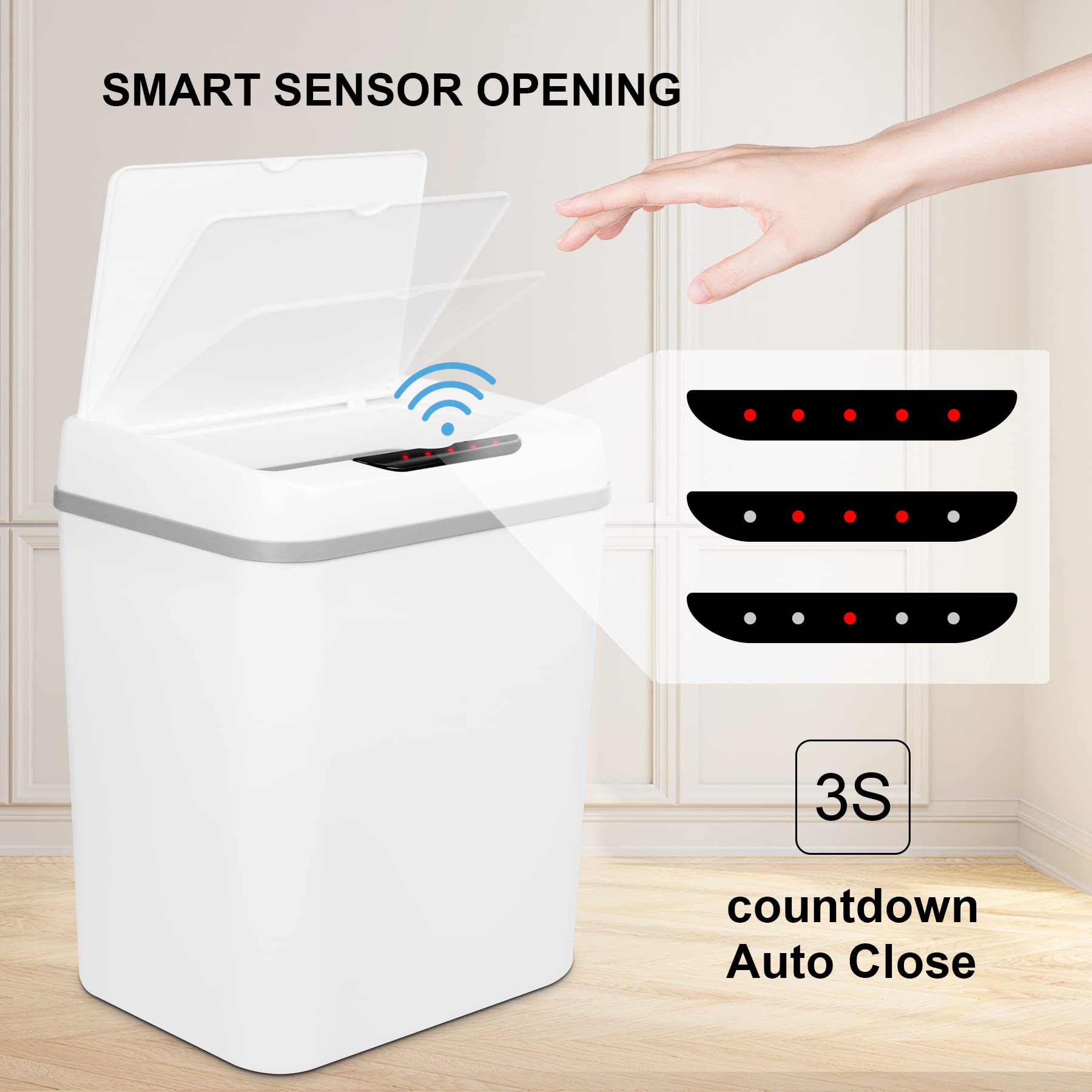 TrashAid Touchless Bathroom Trash Can with Lid, 2.4 Gallon Motion Sensor Smart Trash Bin, Automatic Plastic Garbage Can White Wastebasket for Bedroom, Office, Living Room, 9 Liter