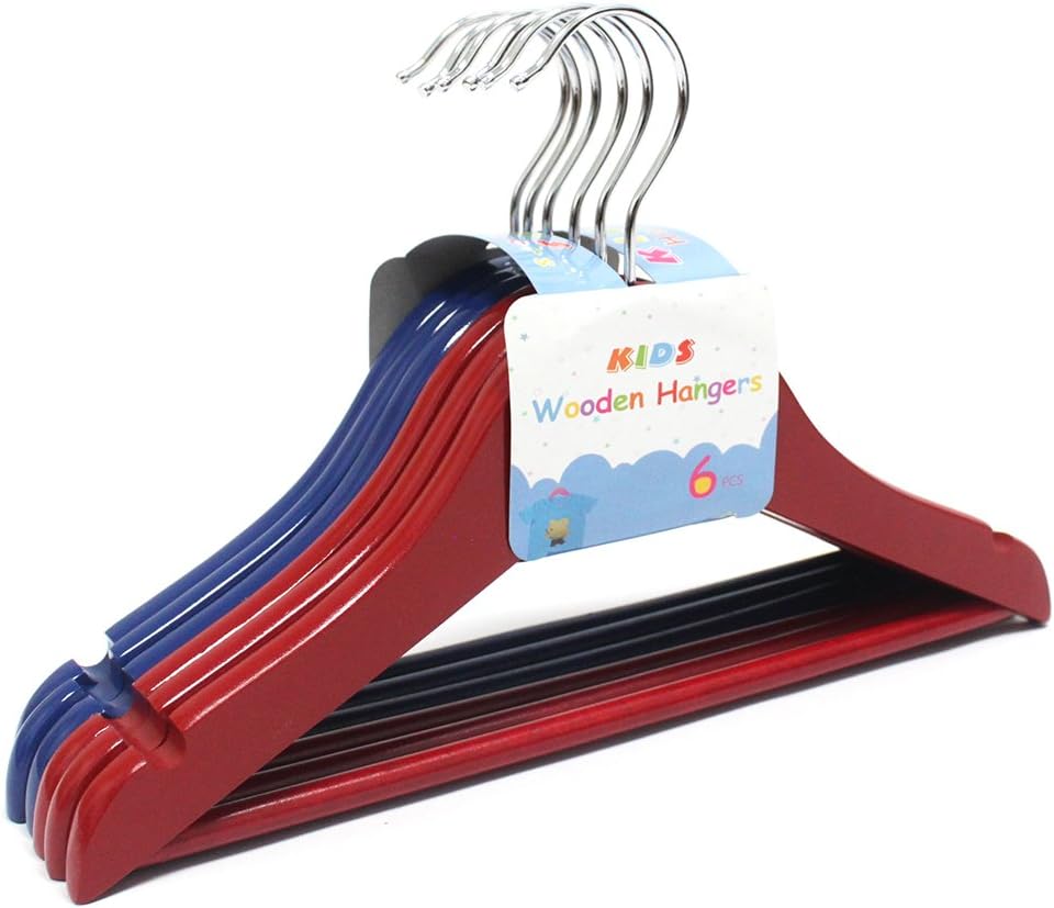 Set of 6 Kids Cloths Wood Hangers - Red and Blue Colors Children Hanger