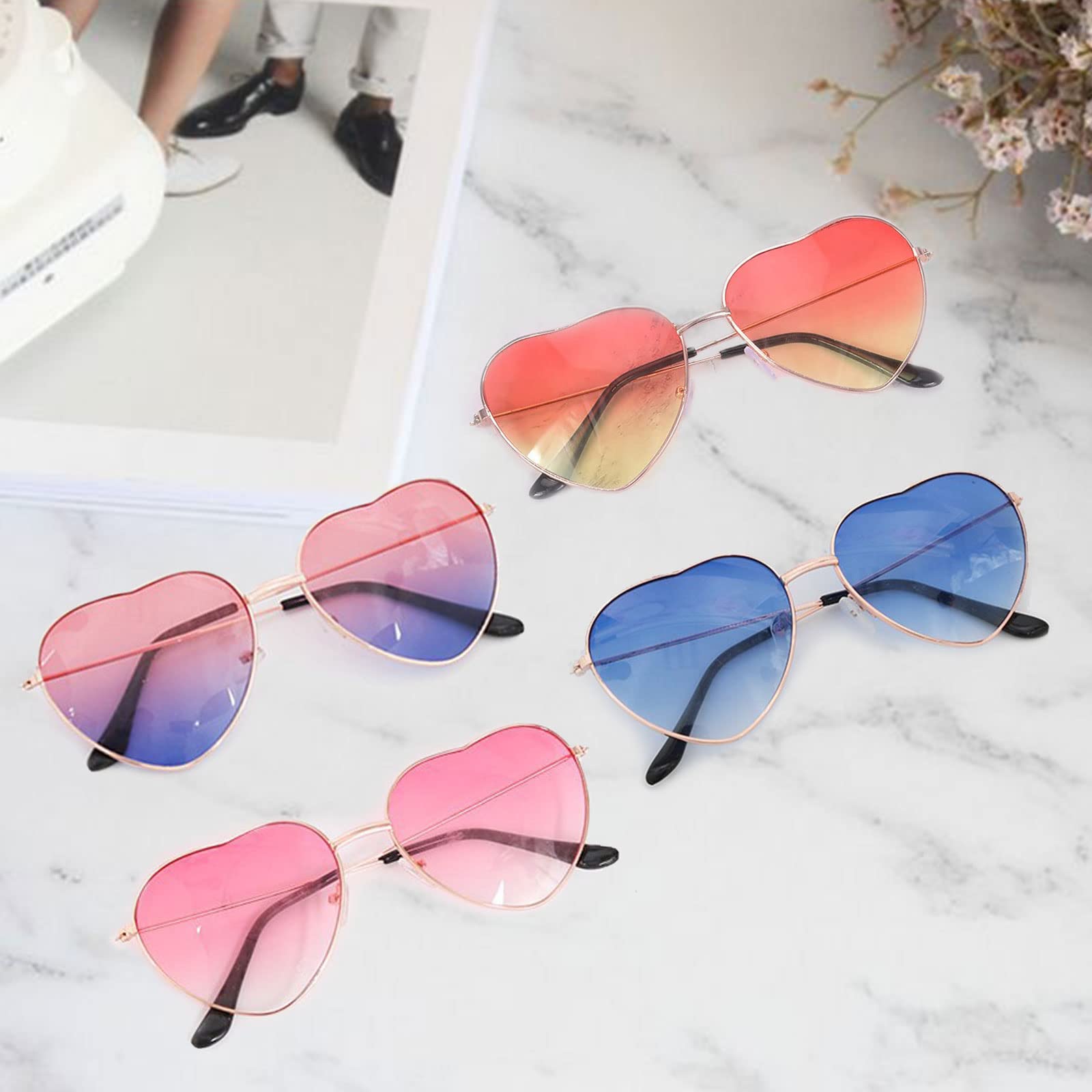 TSHAOUN 4 Pieces Heart Shape Hippy Specs Glasses Sunglasses Thin Metal Frame Hippie Sunglasses - Image 3