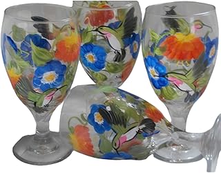 Hand painted hummingbirds, morning glories and fuchsia's. So pretty. Set of 4. 16 ounce short stemmed ice tea/water glasses. Oranges, blues and greens