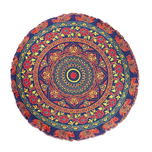 Popular Handicrafts Large Hippie Elephant Mandala Floor Pillow Cover - Cushion Cover - Pouf Cover Round Bohemian Yoga Decor Floor Cushion Case- 32" Chain Yellow Blue #TOP2