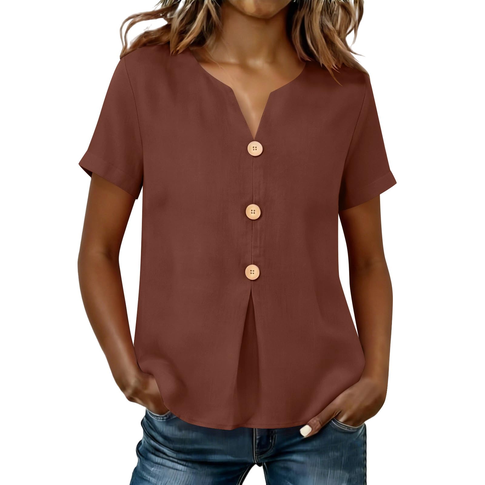 Oberteile Damen Elegant Musselin Bluse Shirt Baumwolle Leicht Leinenbluse Lässige Einfarbig T-Shirts Bequem Leinen Tunika Sommershirts V-Ausschnitt Knopfleiste Kurzarm Blusentop