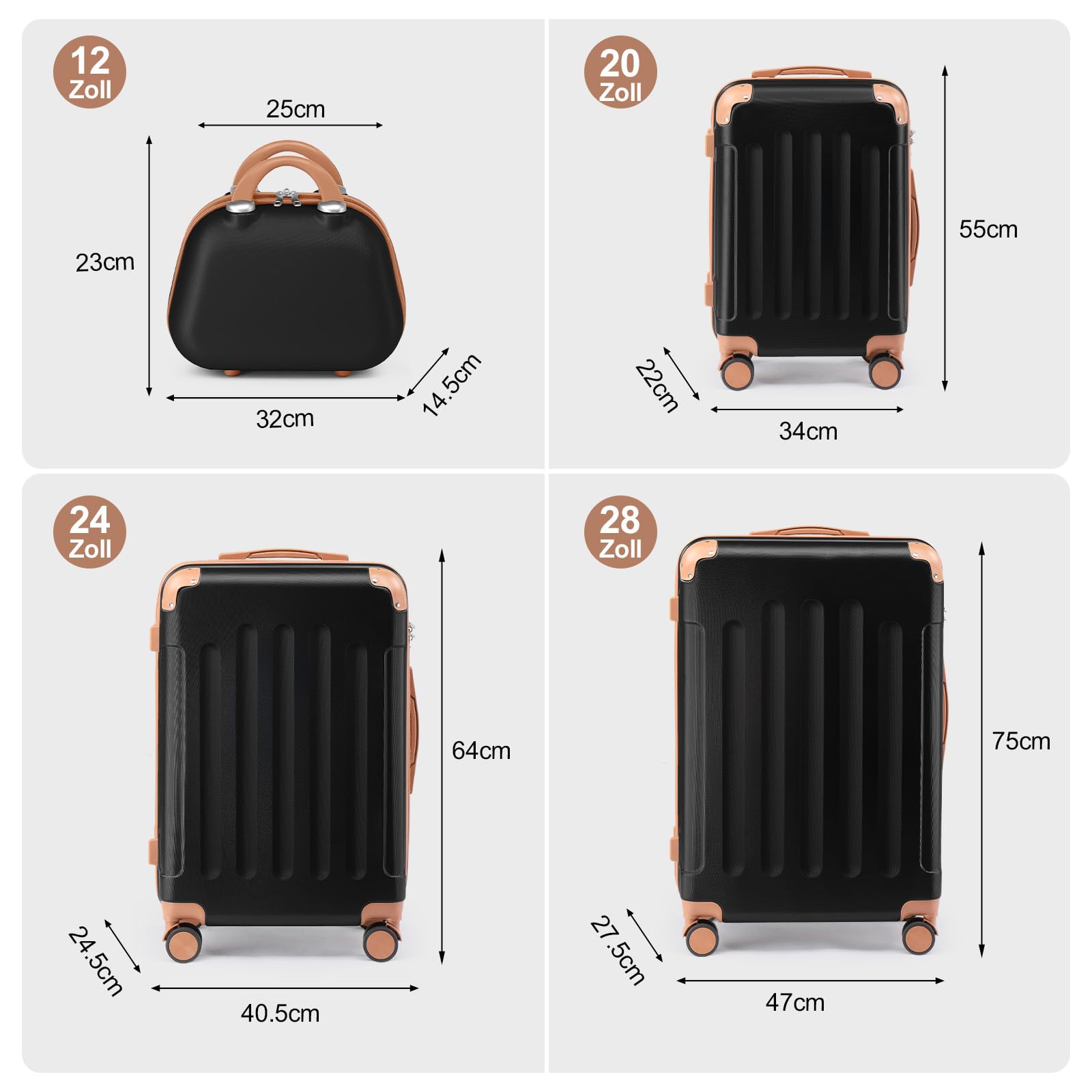 LEADZM Kofferset 4 teilig Hartschale mit Kosmetikkoffer (Schwarz-Braun) | Koffer Set aus ABS, Reisekoffer mit Rollen Groß, Hartschalenkoffer Set, Koffer & Trolleys