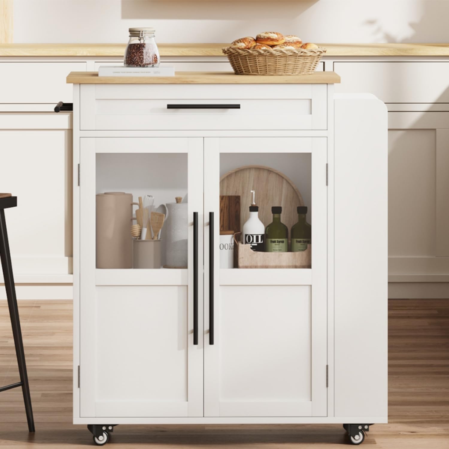 GarveeHome 24 in Kitchen Island Cart - Solid Wood Top with Drawer, 3-Tier Shelves & Locking Wheels, White Farmhouse Mobile Storage for Kitchen (White & Natural)