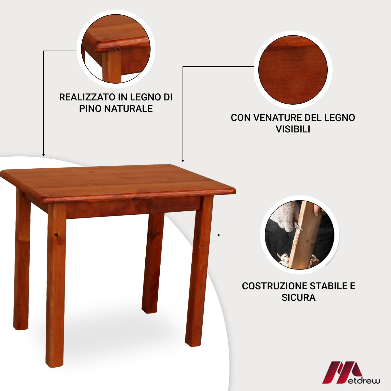 Tavolo da Pranzo in Legno 80x60 cm - Tavolo Cucina per 2 Persone - Tavolo Piccolo - Stile Rustico - Pino - Piano con Angoli Arrotondati - Calvados
