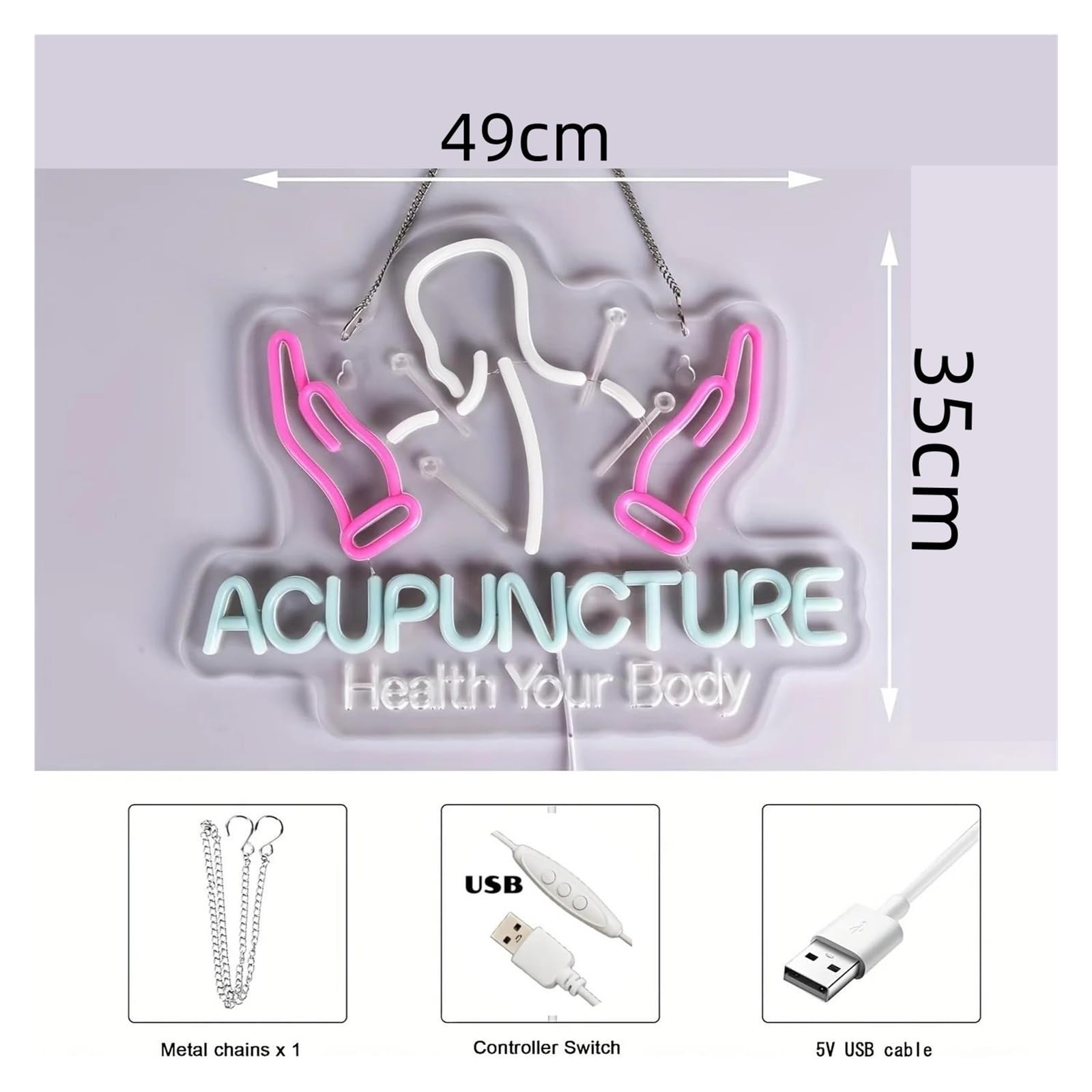 Luces de neón Luz De Neón LED De Acupuntura: Alimentada Por USB, Con Atenuador, Brillo Ajustable Para Salas De Terapia, Decoración De Bienestar 35x49cm