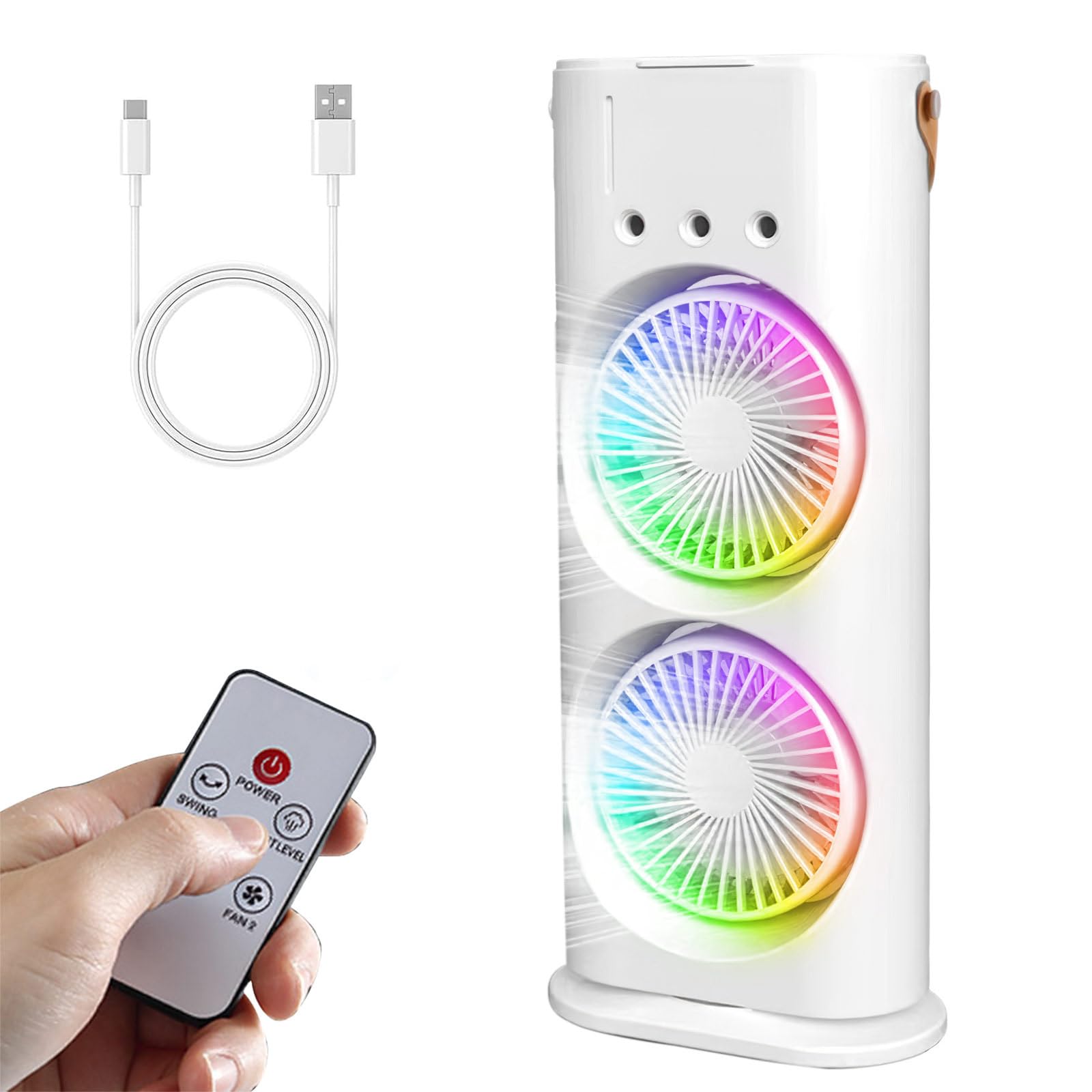 JOPWUE Portable Air Conditioner Tower Fan Column Fan, Portable Air Conditioner, 600 ml, Air Cooler, Humidifier, 3 Speed, 7 Colorful, 120° Oscillation, for Kitchen Office Bedroom (White)