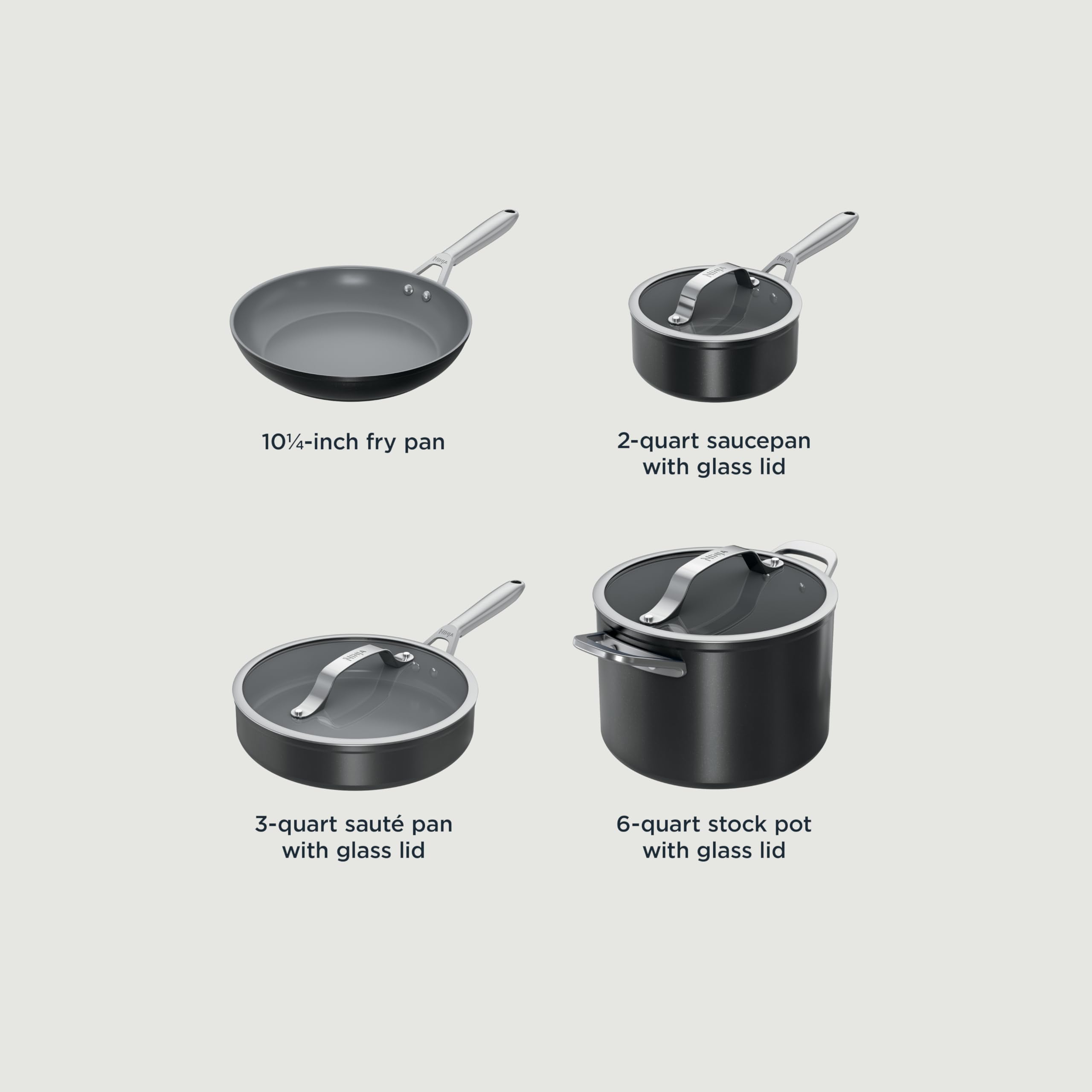 Ninja NeverStick Ceramic Pro - Juego de utensilios de cocina de 7 piezas, ollas antiadherentes, sartenes, tapas de vidrio, revestimiento de cerámica, asas de acero inoxidable, apto para estufa a