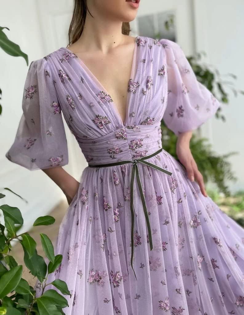 Xijun Puffy Sleeve Prom Dresses Flower Embroidery Tulle V Neck Tea Length Formal Evening Party Gowns with Pockets