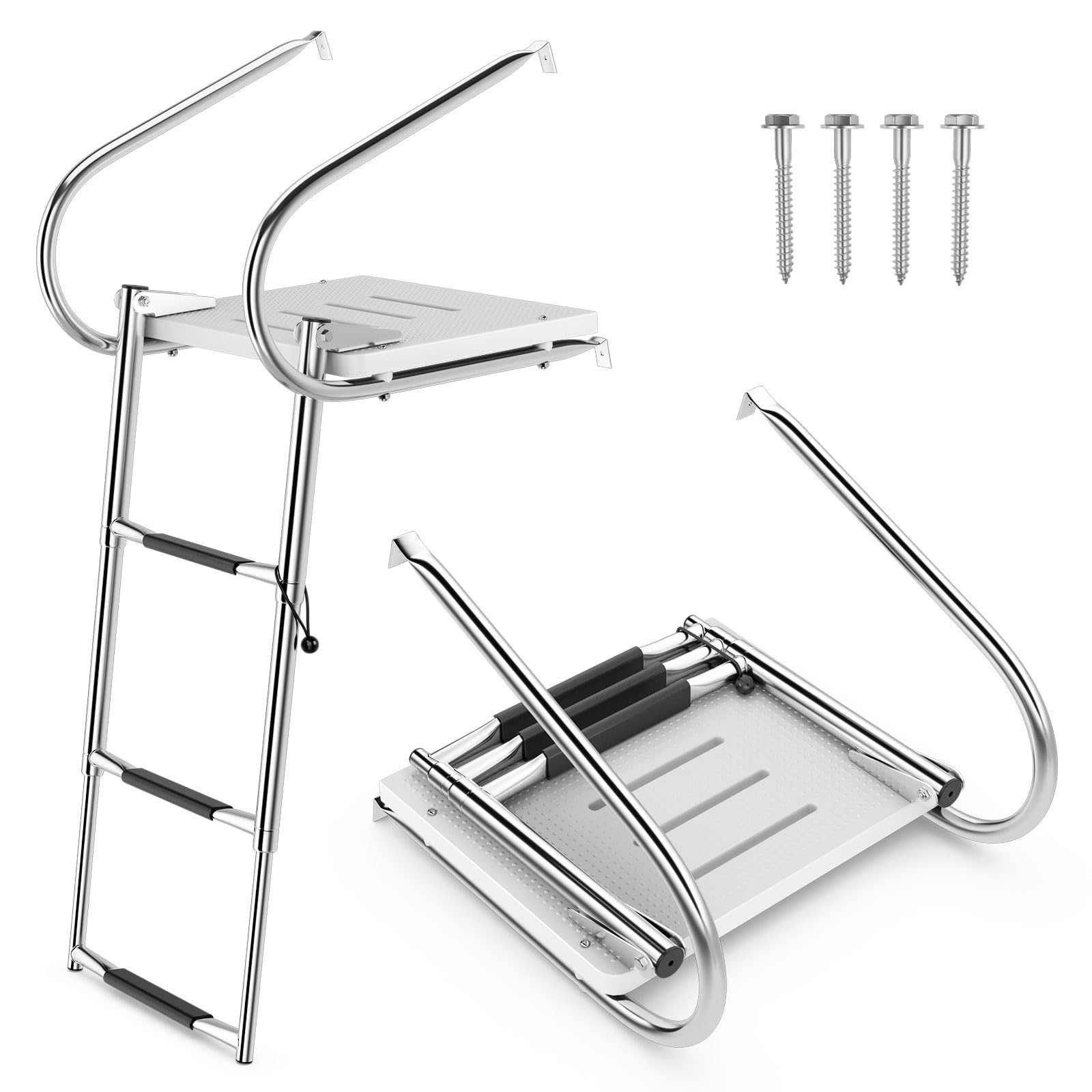 GOPLUS - Escalera de plataforma de 3 escalones de fibra de vidrio, escalera telescópica de acero inoxidable plegable para barco pontón con 2 rampas, pasos antideslizantes, para yate