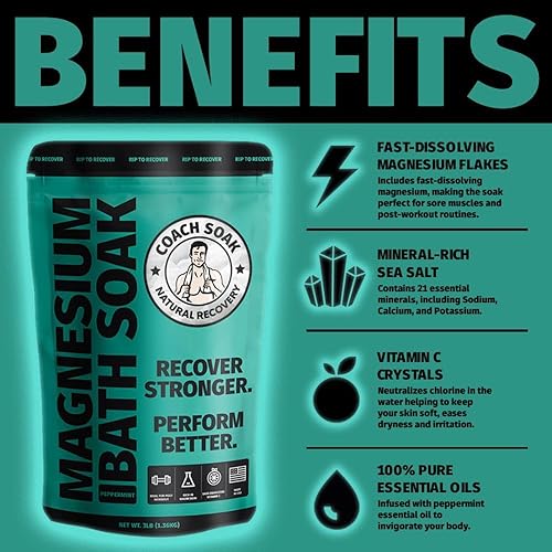 Miniatura 5 de Coach Soak Remojo de Baño de Recuperación - Alternativa al Remojo de Baño de Sal de Epsom - Copos de Magnesio Puro de Absorción Rápida y Sal del Mar