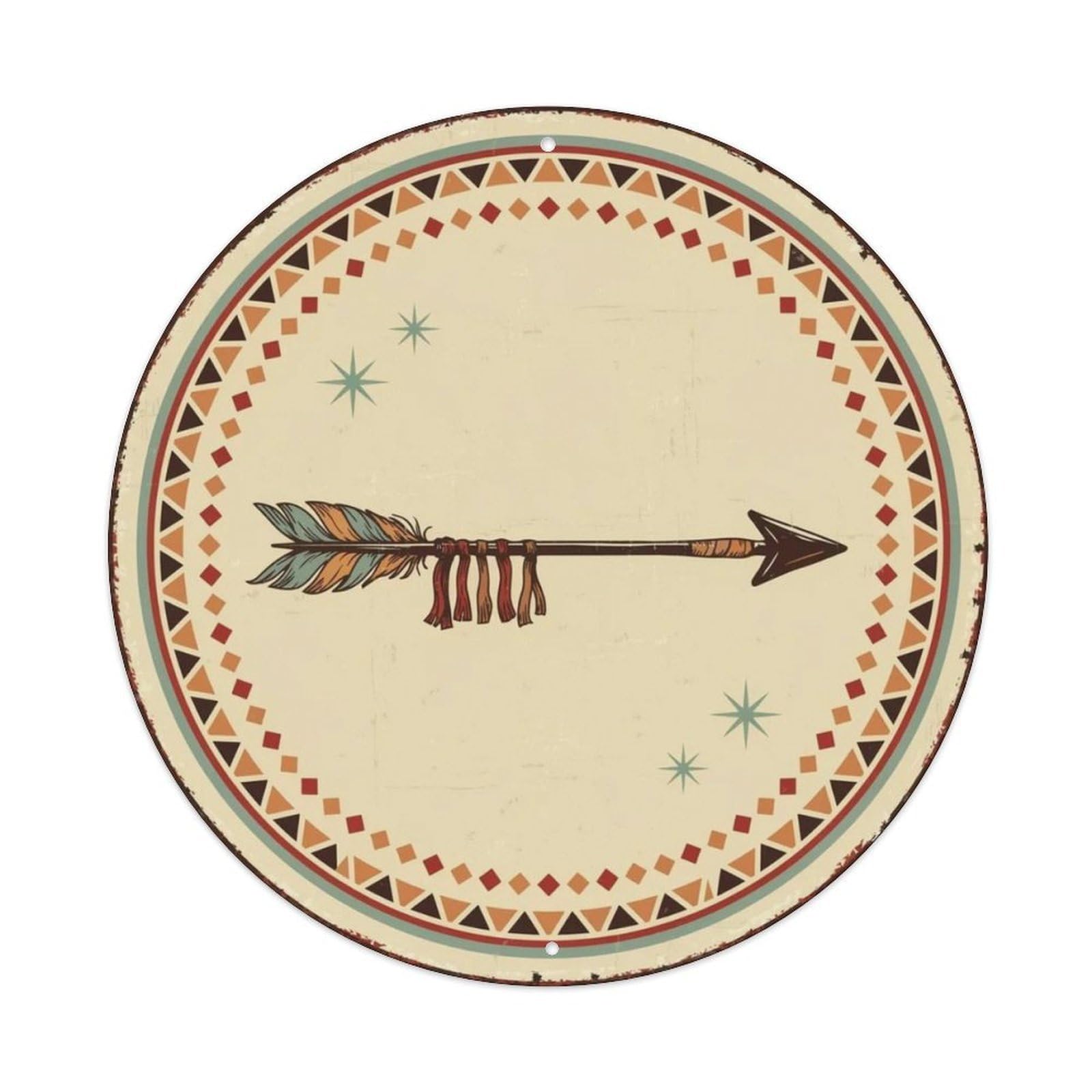 Southwestern Arrow Feather Zigzag Round Metal Tin Sign Plaque