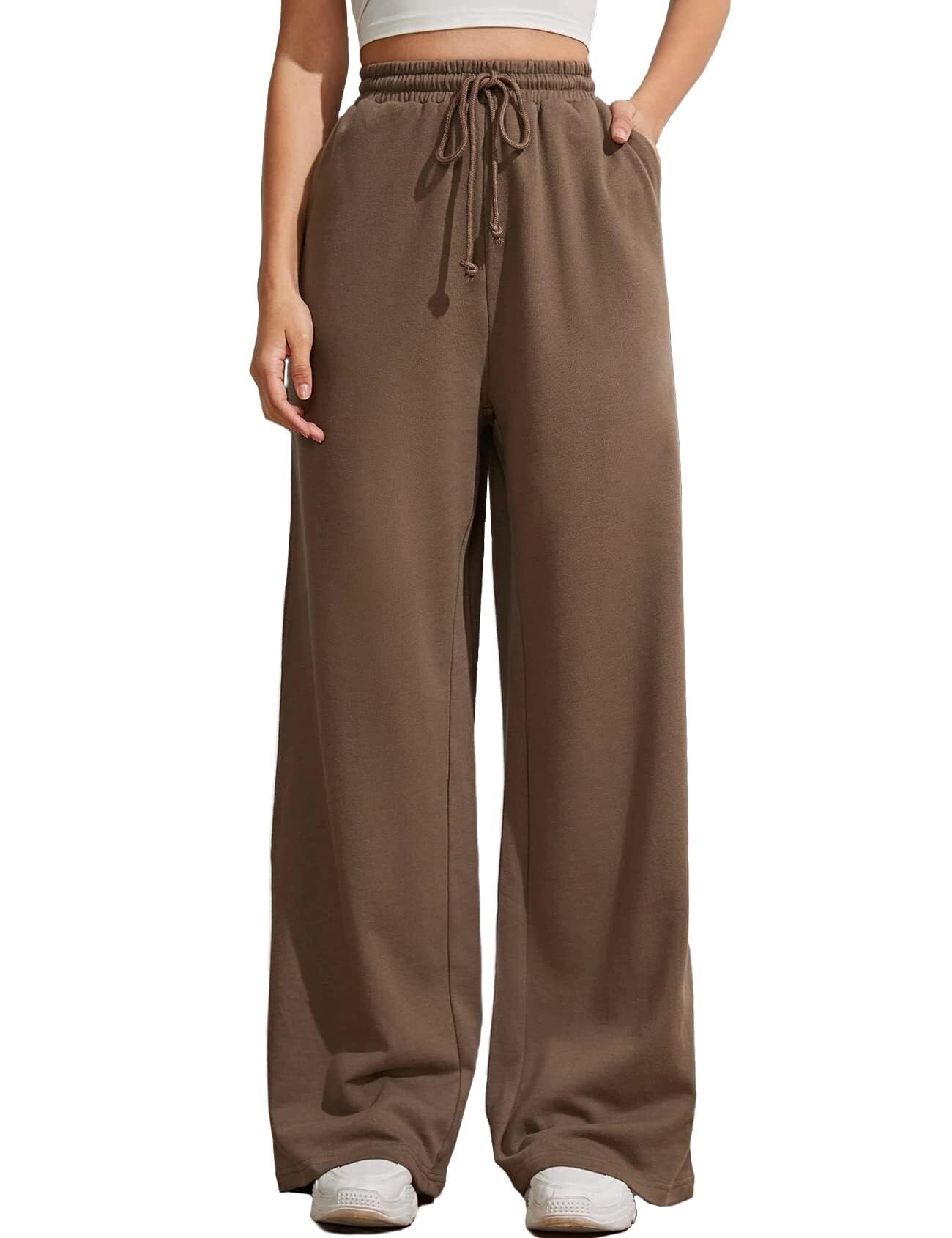 Wide Leg Sweatpants for Women Elastic High Waisted Drawstring Loose Pants with Pockets(Brown,M-L)