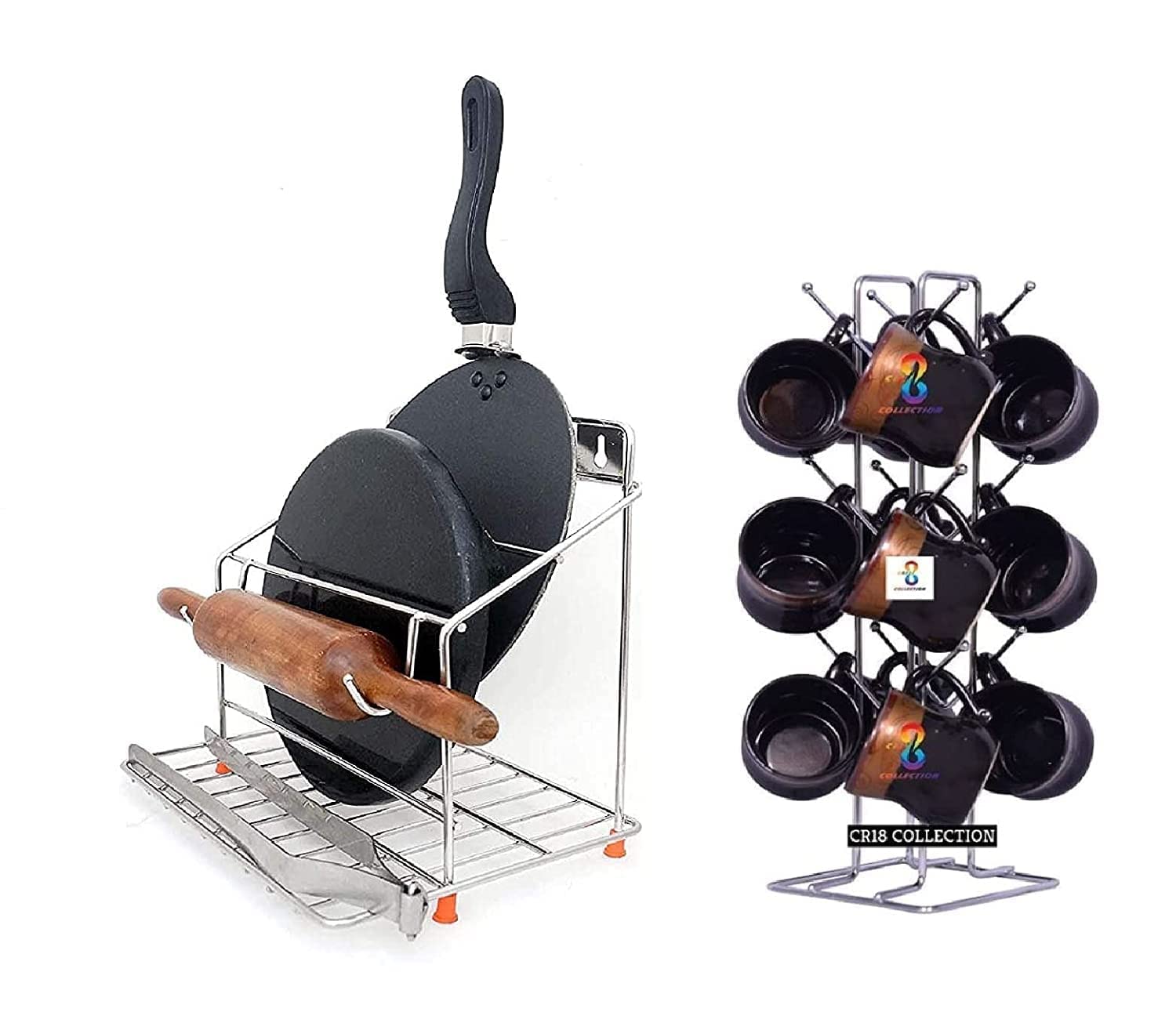 12FOR COLLECTION Big Size Stainless Steel Cup Stand, Coffee and Tea Mug and tawa chakla belan Stand for Kitchen Organizer