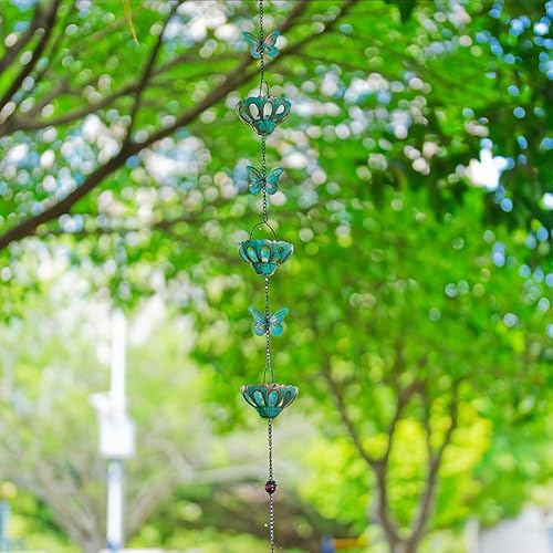 Miniatura 5 de Cadenas de lluvia de 12 pies para exterior, cadena de lluvia de metal con decoración de mariposa, cadena ajustable con campana para drenaje de