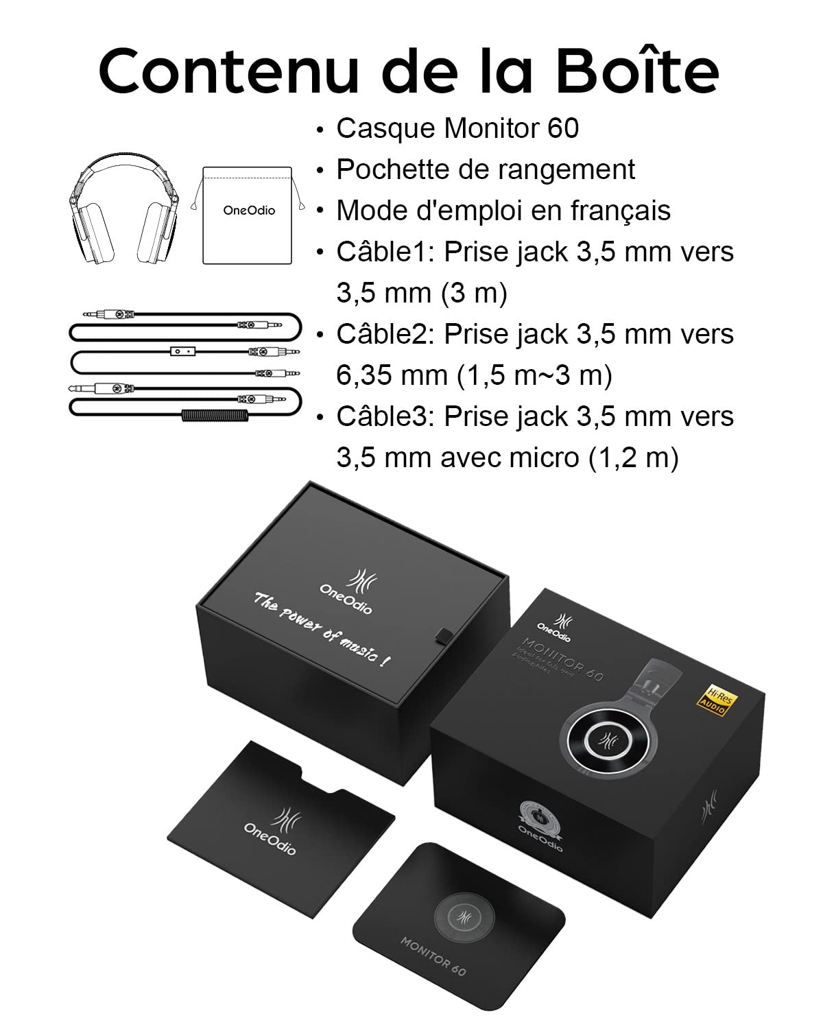 OneOdio Monitor 60 Casque Audio Flaire Professionnel DJ Studio, Hi-Res Audio Casque avec Axe pivotant à 180° et Oreillettes, 3 Prise Jacks avec Micro, Idéal pour Enregistrement, Mixing, Créateurs