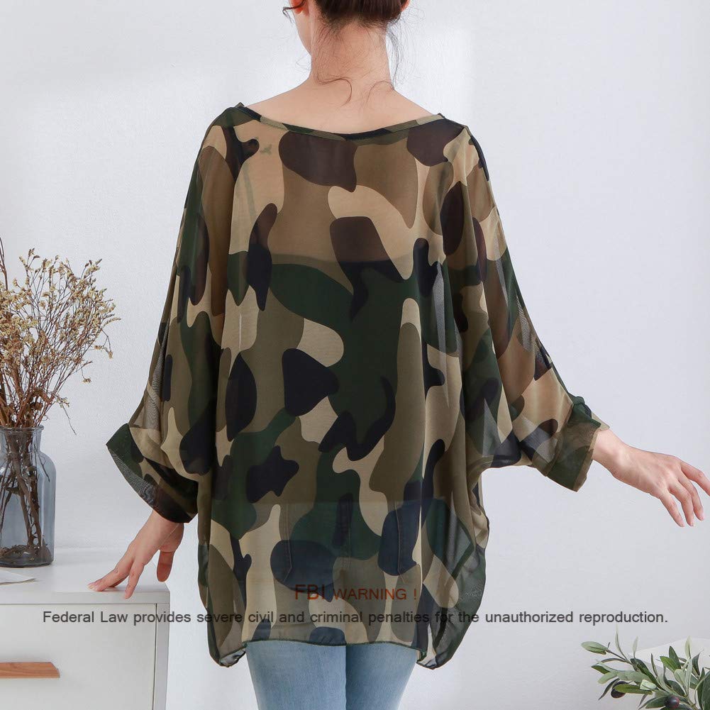 Damska luźna bluzka nietoperz szyfonowy top kamuflaż nadruk kimono poncho tunika kaftan okrycie