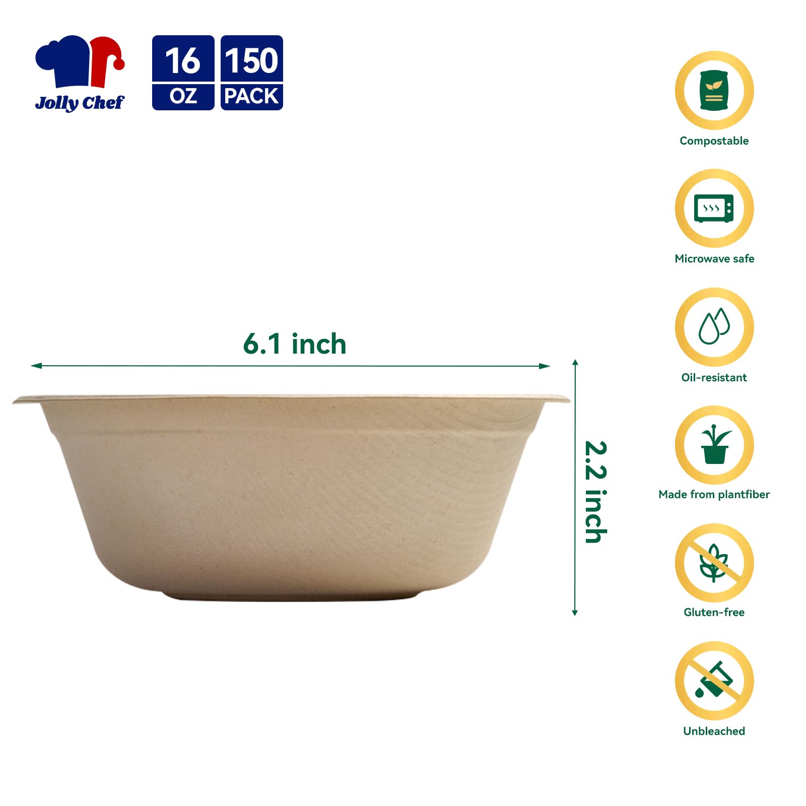 JOLLY CHEF Tazón de papel desechable compostable [16 onzas] recipientes de sopa resistentes [paquete de 150] Bagazo biodegradable, caliente y frío, ecológico, natural, caña de azúcar para microondas