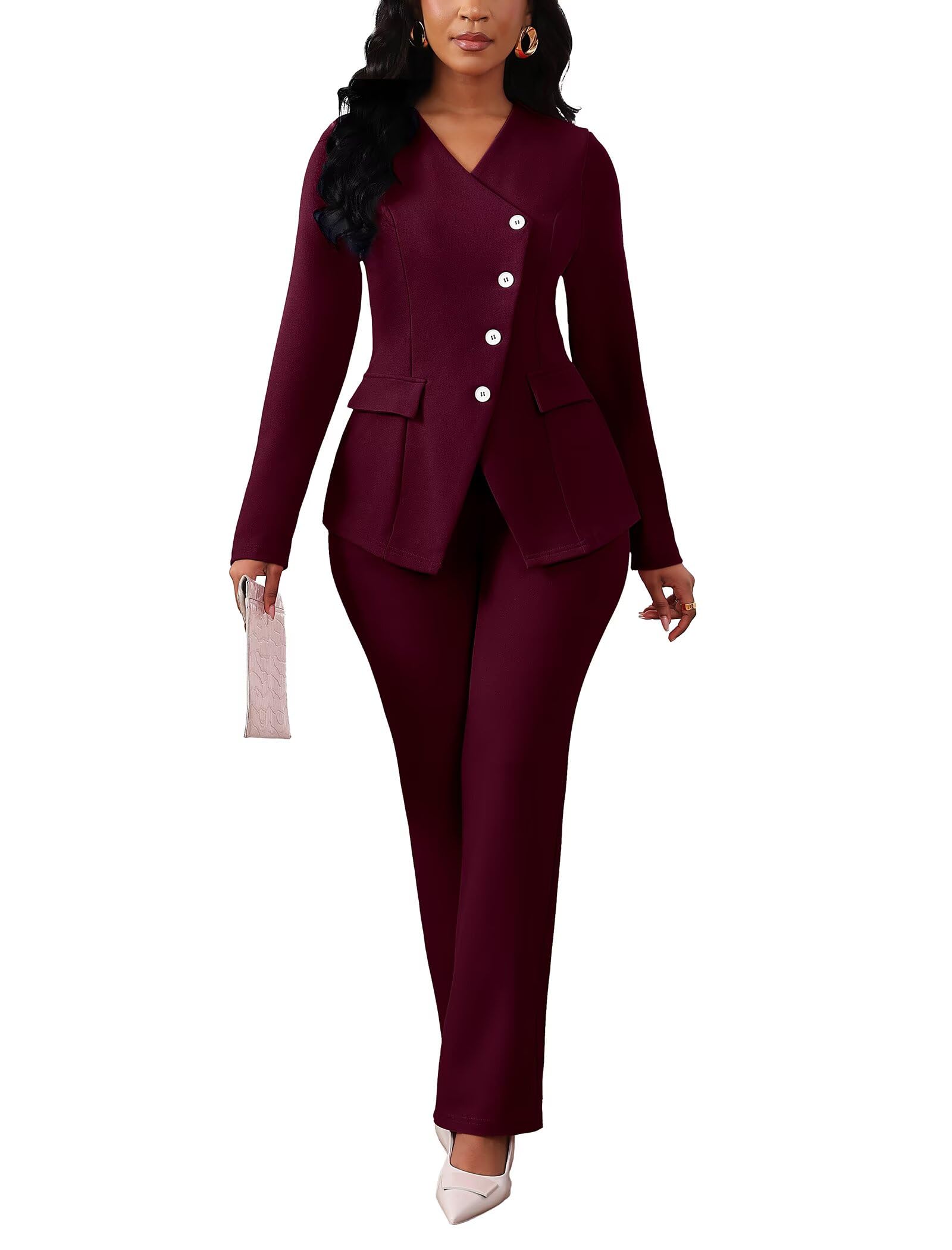 Pant Suits for Women Dressy Long Sleeve Blazer Jackets and High Waisted Wide Leg Pants Sets 2 Piece