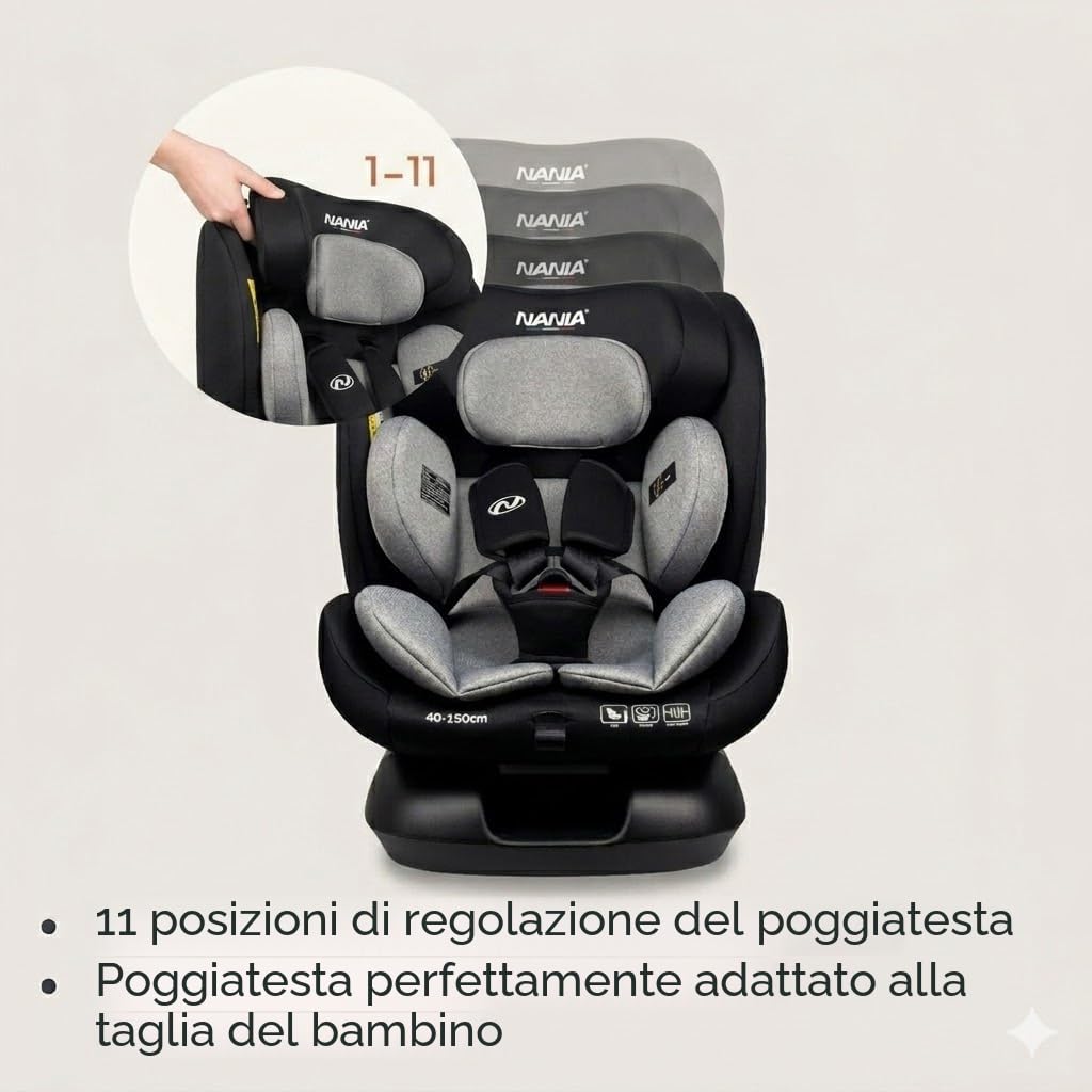 Nania Prato, seggiolino auto per bambini, I-Size, 40-150 cm, evolutivo dalla nascita, fino a circa 12 anni, fissaggio cintura di sicurezza, poggiatesta e inclinazione regolabili, supporto lombare e