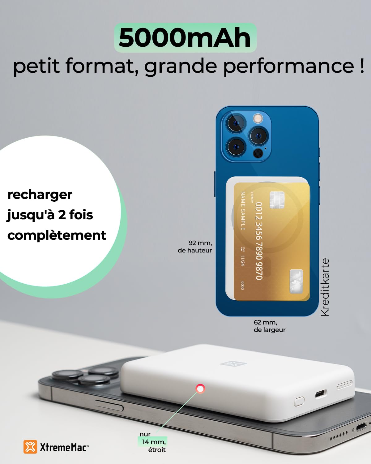 XtremeMac Magsafe Powerbank 5000mAh, Batterie Externe magnétique pour iPhone 15/14/13/12 Série, USB-C et Powerbank sans Fil à Charge Rapide, Mini Power Bank PD 15W, Puissante, Blanc