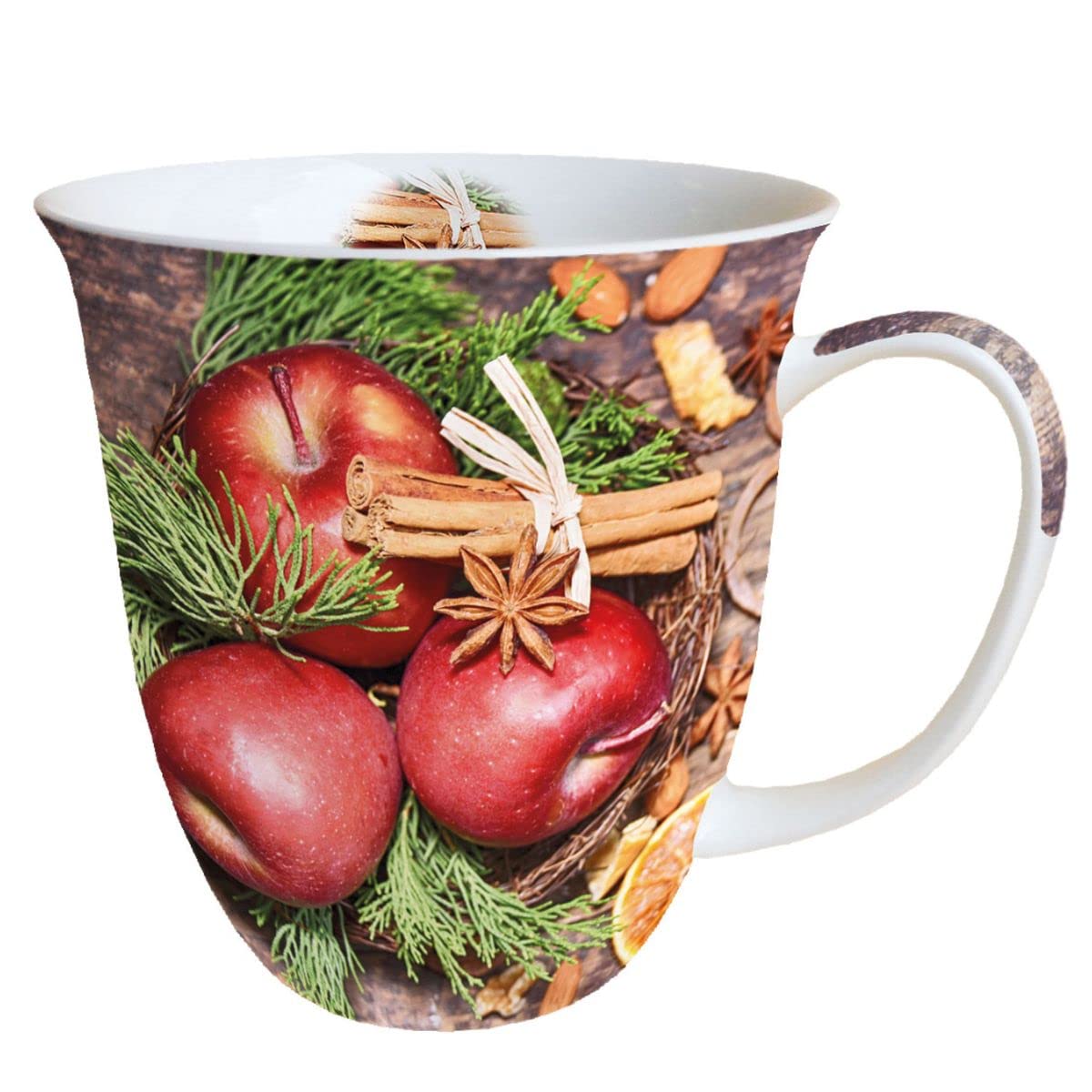 Ambiente Tasse Isotherme en Porcelaine Fine, Imprimer Pommes et Cannelle Noël, 10cm Diamètre, 11cm Hauteur