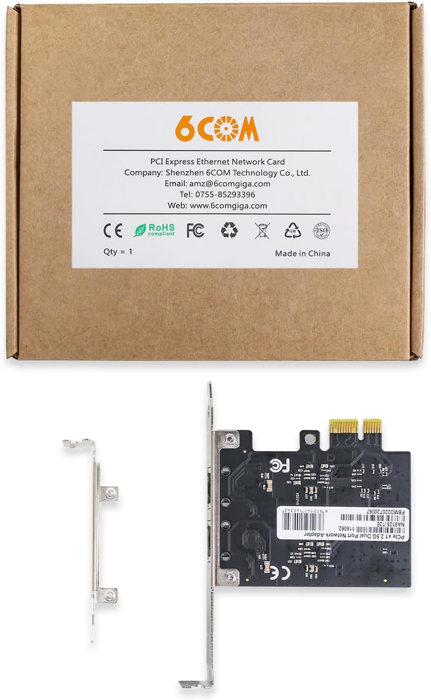 6COMGIGA 2.5GBase-T PCI-E Network Card,Dual RJ45 Port 2500/1000/100M/10Mbps Network Adapter with Realtek RTL8125B Ethernet Controller, Support Windows 11/10/8/7, Windows Server, Linux