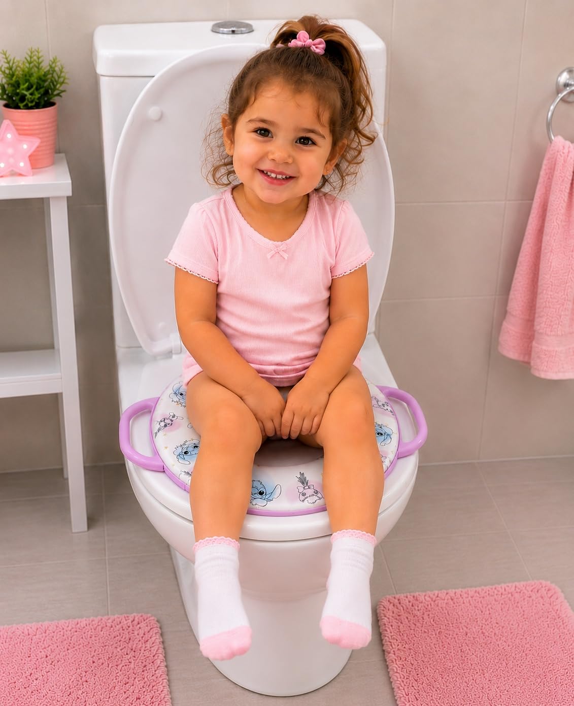 Inodoro infantil Soft con asas, reductor de inodoro con estampado de Disney Stitch, asiento cómodo y antideslizante, fácil de limpiar.