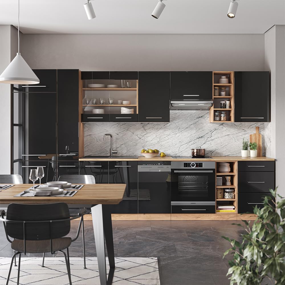 Vicco Cuisine Fame-Line, Anthracite Brillant/Chêne doré, 355cm, PT Chêne, adapté à Une Extension individuelle avec des modules supplémentaires