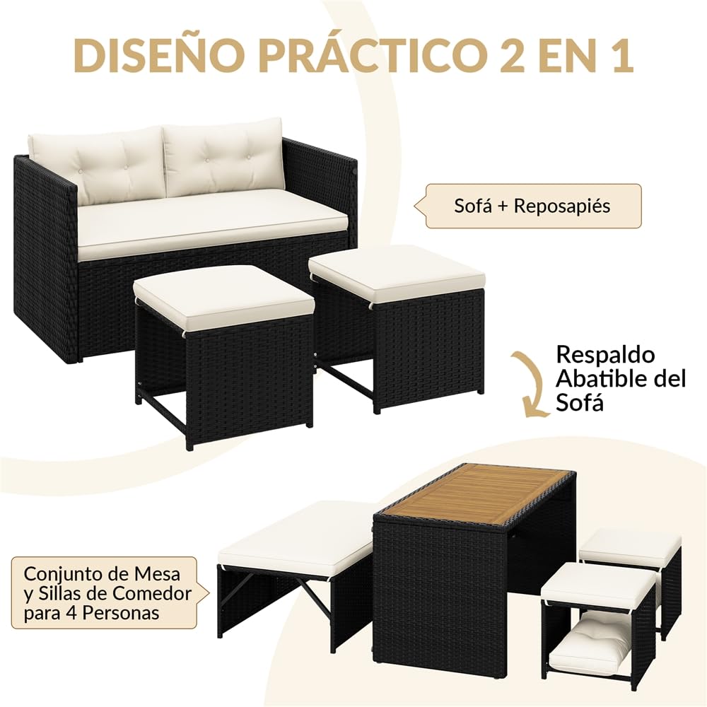 Yaheetech Conjunto de Muebles de Jardín de Ratán Muebles de Ratán de 2 en 1 | 1 Banco y 1 Mesa y 2 Taburetes, Negro/Beige