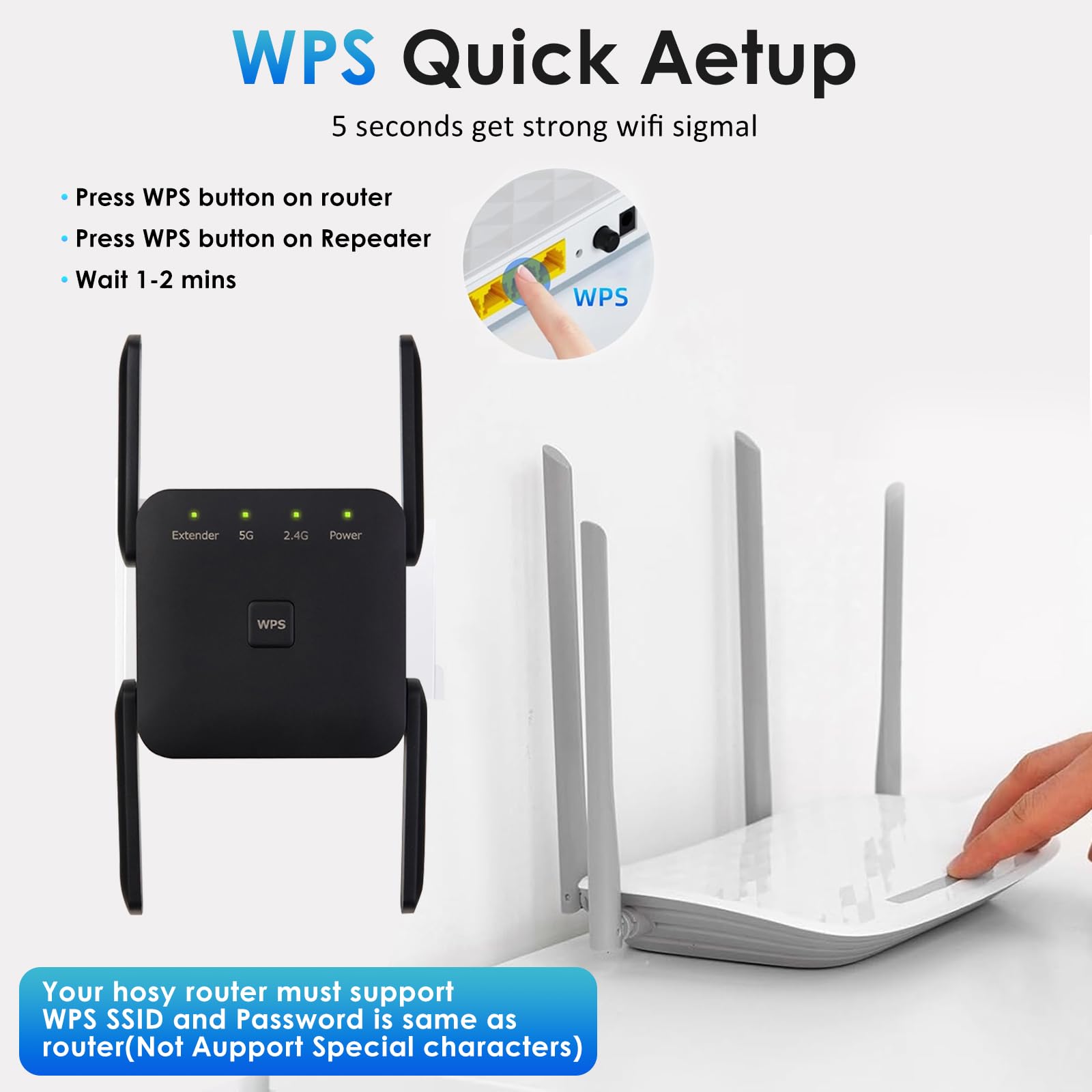 Wzmacniacz Wi-Fi 1200 Mbit/s, podwójny wzmacniacz 2,4 GHz + 5 GHz WiFi Booster z trybem repeatera/router/punktem dostępu, wysoka wydajność z 4 antenami, wzmacniacz rozszerzeń z portem LAN
