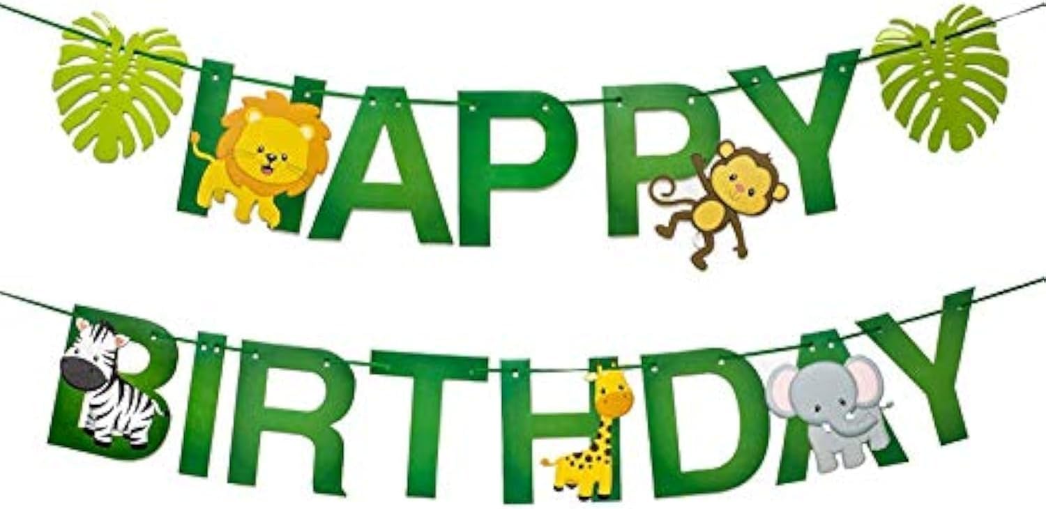 Safari Animal Birthday Banner - Jungle Themed Party Decoration for Safari Birthday Parties