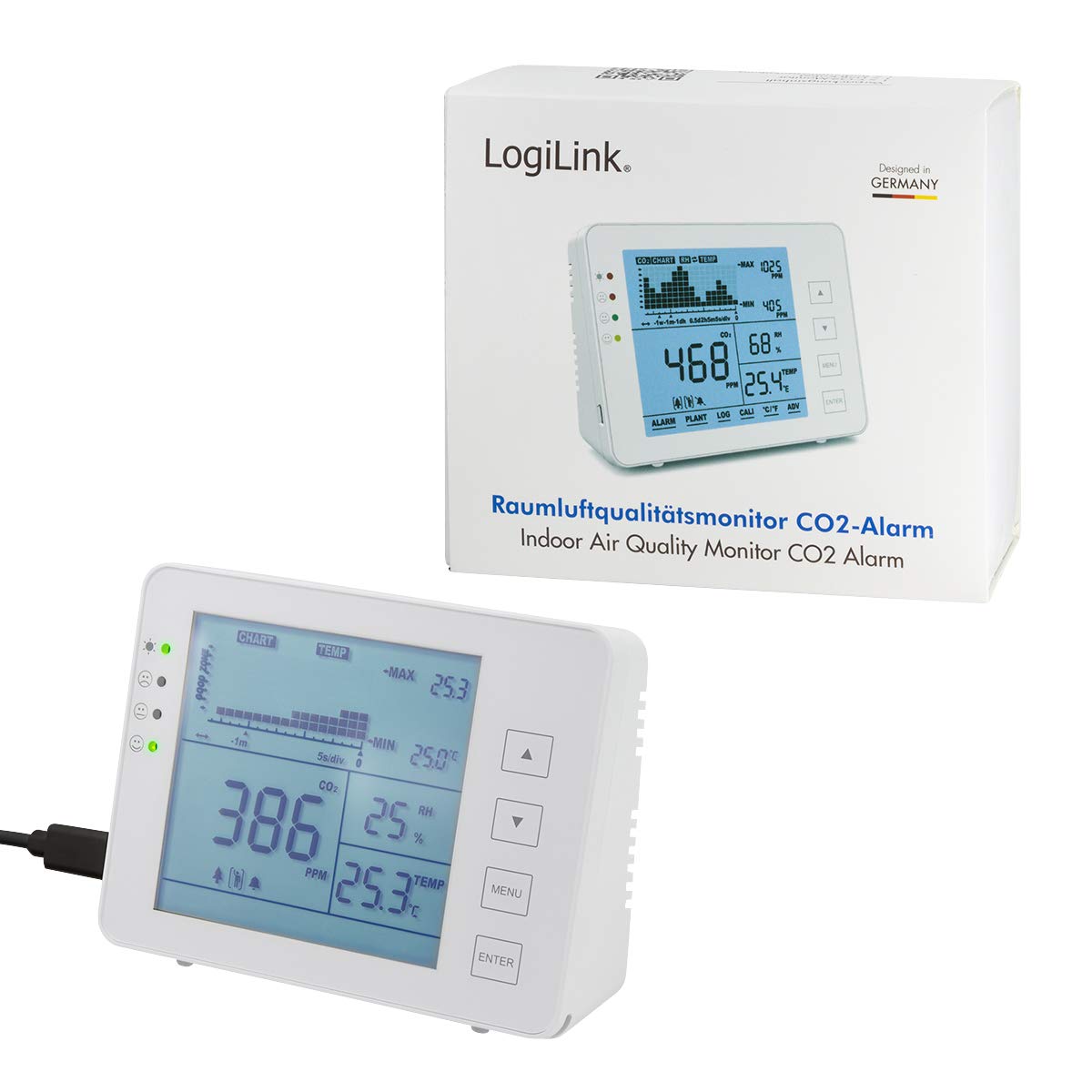 LogiLink SC0115 CO2-Messgerät Ampel 5000 ppm Bereich Alarm Temperatur Luftfeuchtigkeitsanzeige weiß