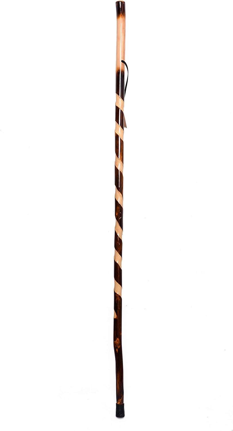FOREST PILOT Handcrafted Nature Wood Hiking Stick 55 Inches Long - with Hand Strap and Rubber Tip Cover - Transparent Waterproof Painting Coating