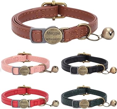 Vintage Style Leather Breakaway Cat Collar, Personalized Leather Cat Collar with Bells-Adjustable Customized Collar with Name & Phone Number Tag for Girl Boy Cats and PuppyBrown