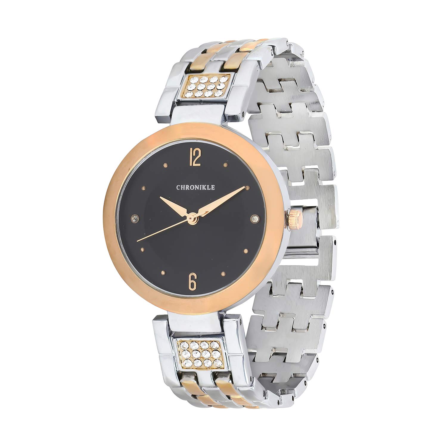 Chronikle Unique Womens Metal Chain Wrist Watch with Diamond Studded Stones (Dial Color: Black | Band Color: Silver & Gold) (B07MCLPW96) Amazon Price History, Amazon Price Tracker